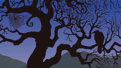 Ночь, мертвое дерево, толстая паутина и птица-падальщик. ;)